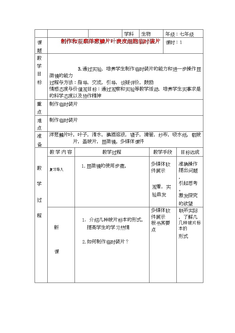 2022年七级生物上册制作和观察洋葱鳞片叶表皮细胞临时装片教案北师大版第1页
