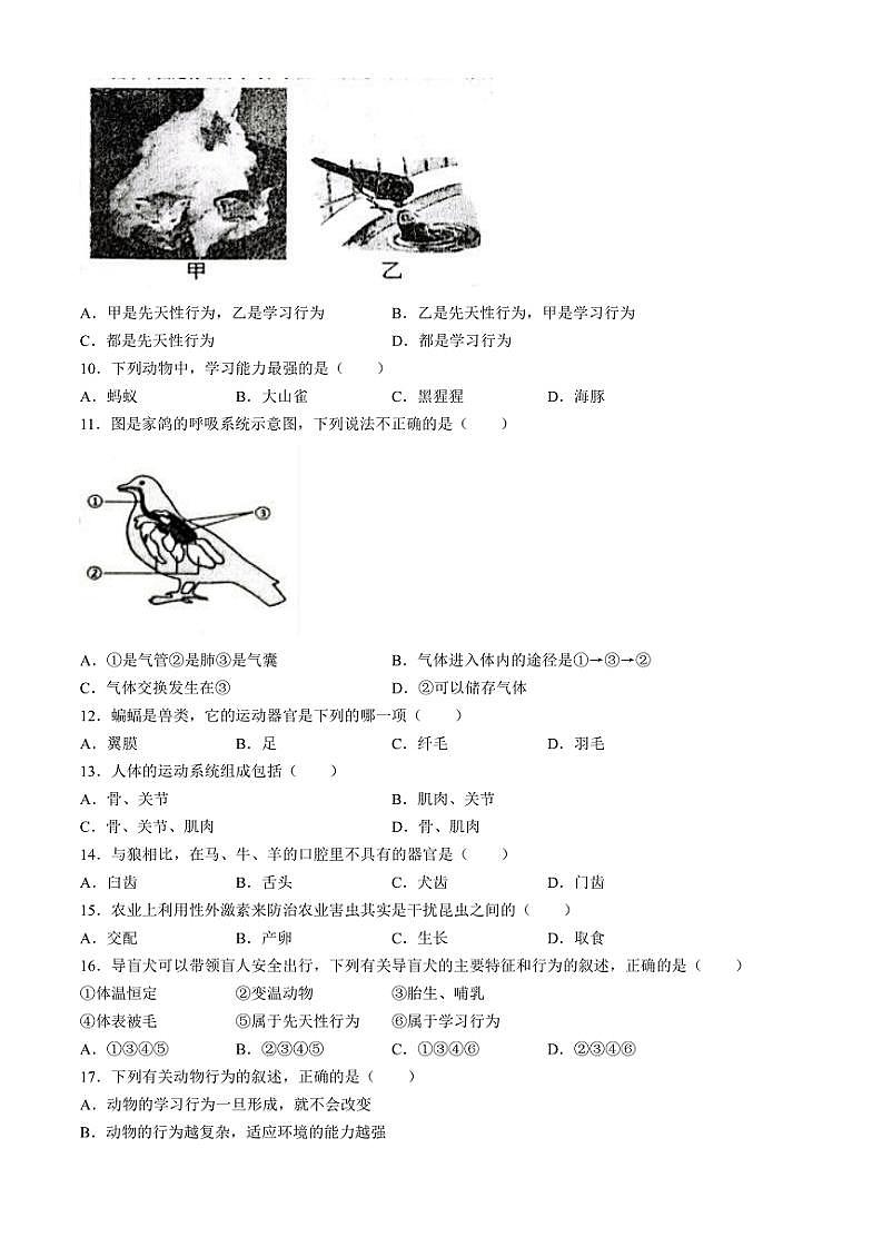 江西省抚州市东乡区2024～2025学年八年级(上)期中生物试题(含答案)第2页