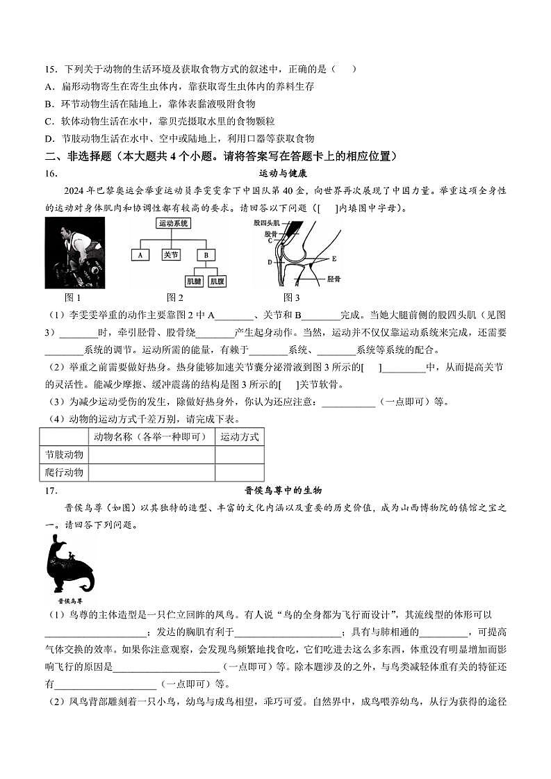 山西省太原市2024～2025学年八年级(上)期中生物试题(含答案)第3页