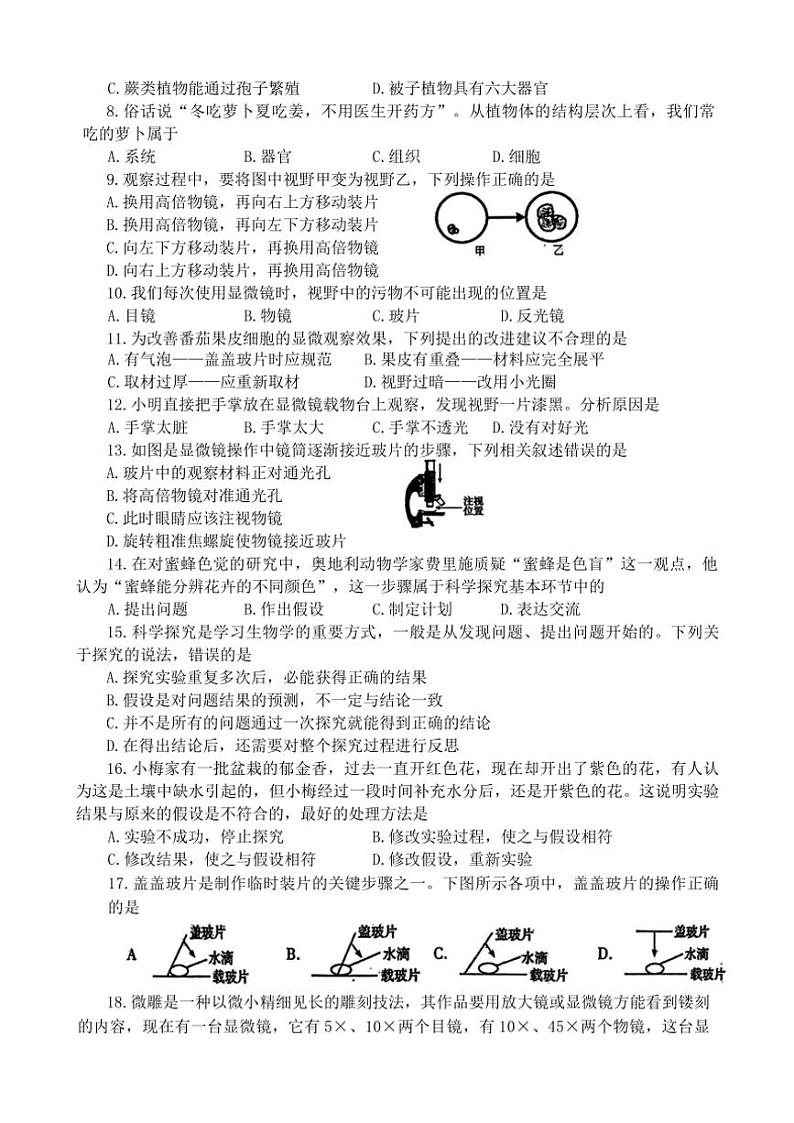 河南省洛阳市西工区2024～2025学年七年级(上)期中生物试卷(含答案)02