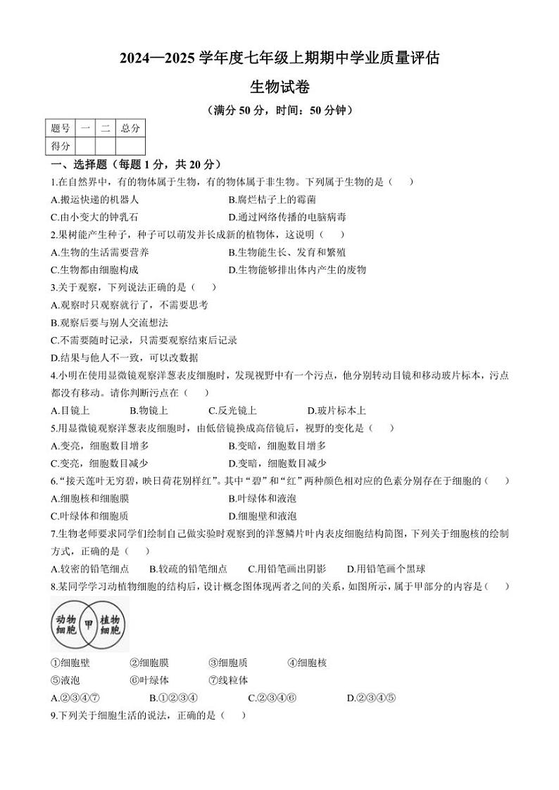 河南省漯河市召陵区2024～2025学年七年级(上)期中生物试题(含答案)第1页