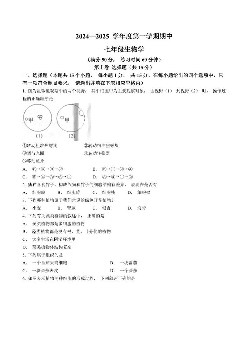 山西省忻州市2024～2025学年七年级(上)期中生物试题(含答案)01