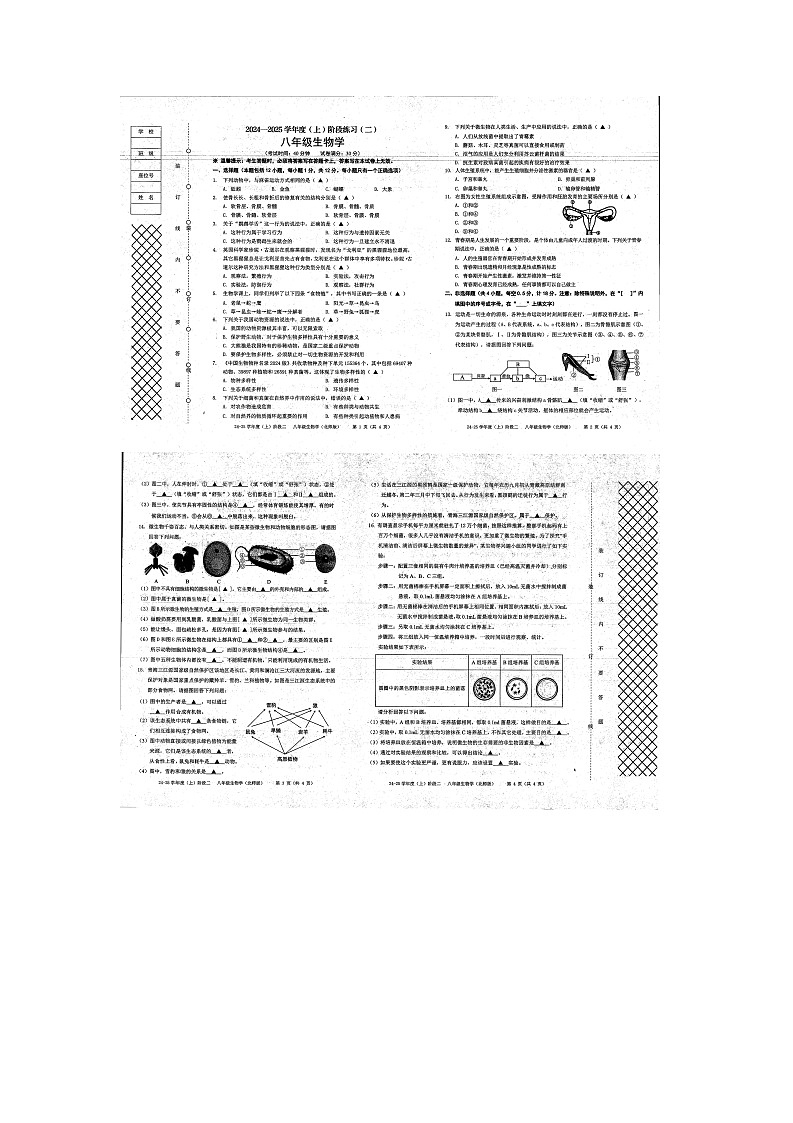 辽宁省抚顺市2024-2025学年八年级上学期11月期中生物试题01
