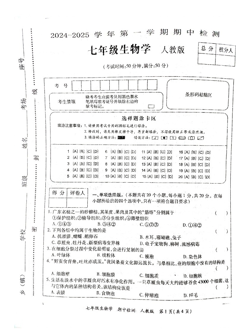 河南省周口市沈丘县2024-2025学年七年级上学期期中测试生物试题第1页