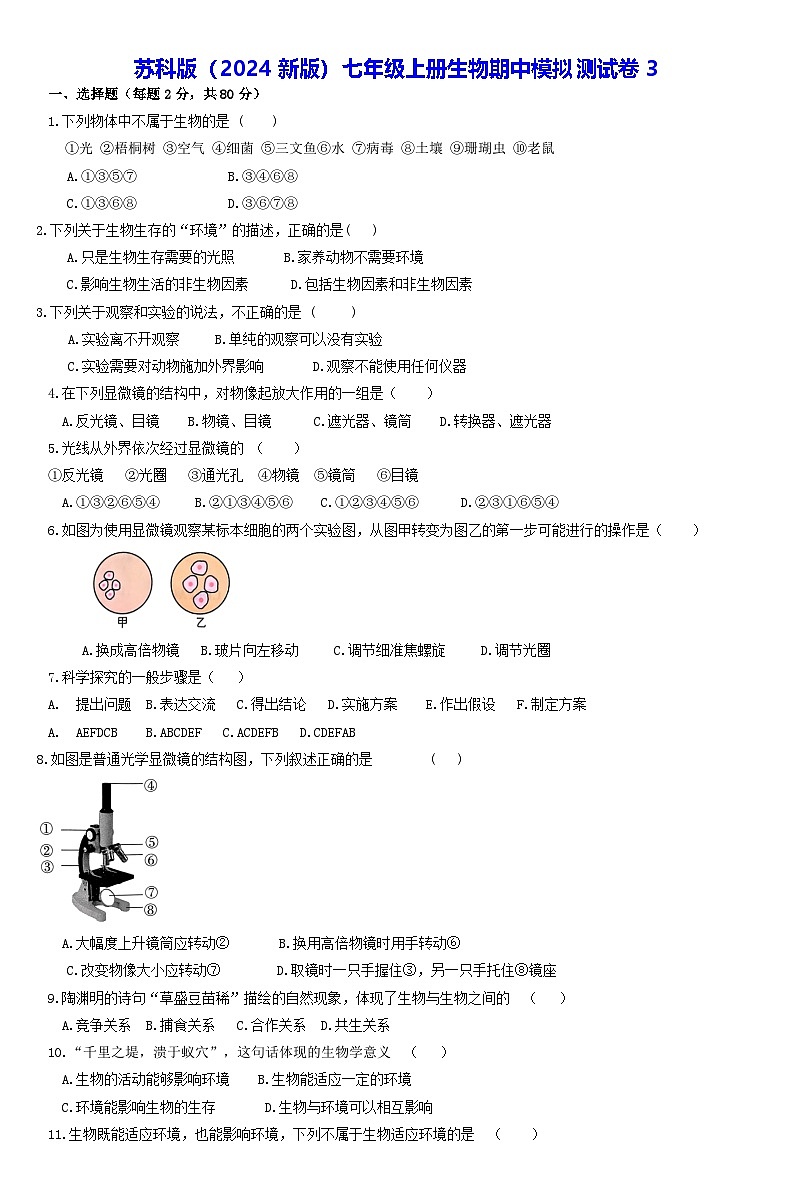 苏科版（2024新版）七年级上册生物期中模拟测试卷3（含答案）第1页