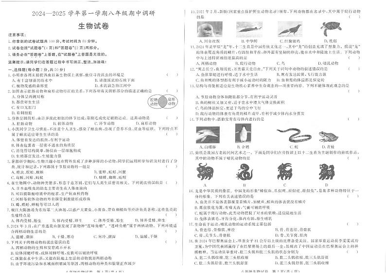 八年级生物试卷第1页