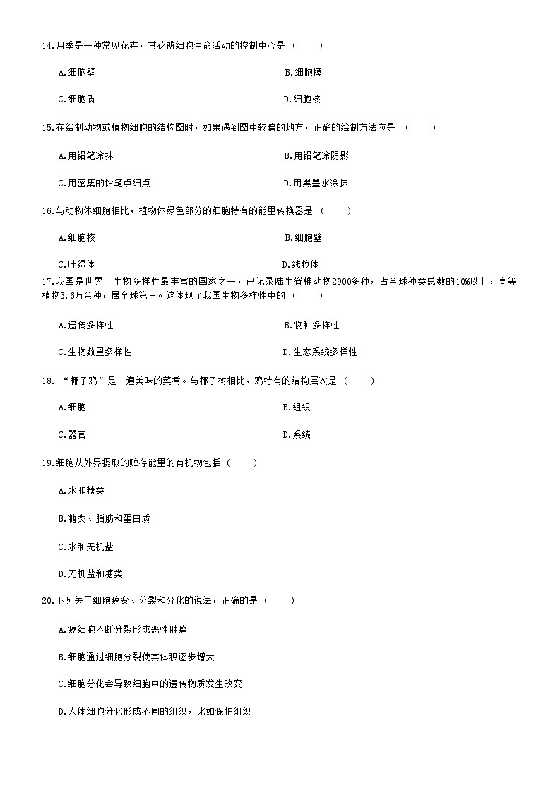 北师大版（2024新版）七年级上册生物期中测试卷1（含答案）第3页