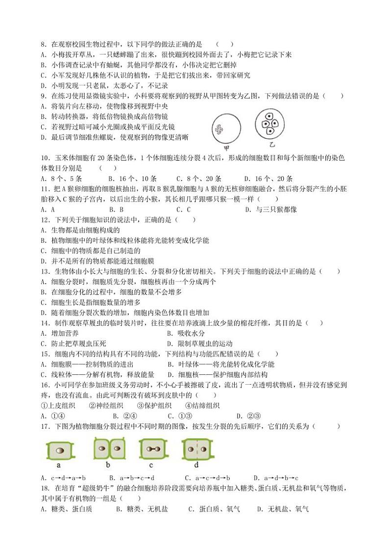 湖南省益阳市沅江市期中联考2024～2025学年七年级(上)期中生物试卷(含答案)第2页