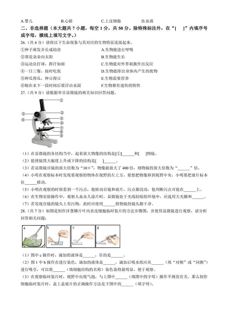 福建省福州市平潭县一中教研片2024～2025学年七年级(上)期中生物试卷(含答案)第3页