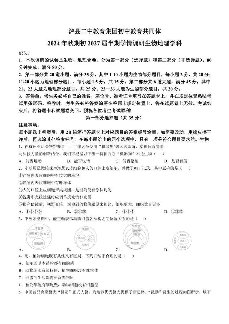 四川省泸州市泸县二中集团联考2024～2025学年七年级(上)期中生物试卷(含答案)01