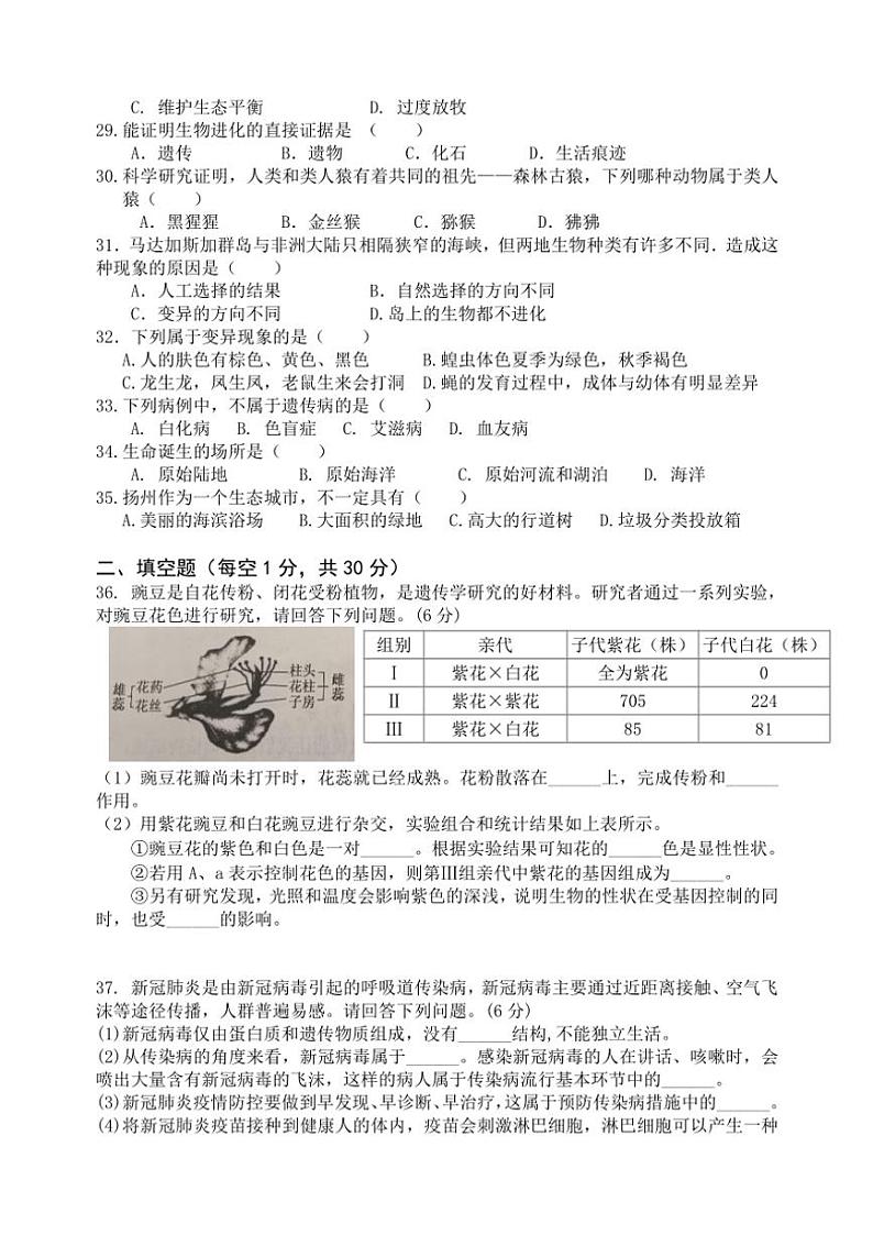 江苏省扬州市苏东坡中学2022～2023学年八年级(下)期中生物试卷(含答案)第3页
