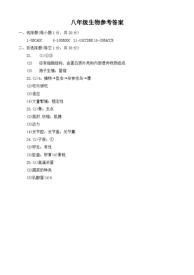 八年级生物参考答案第1页