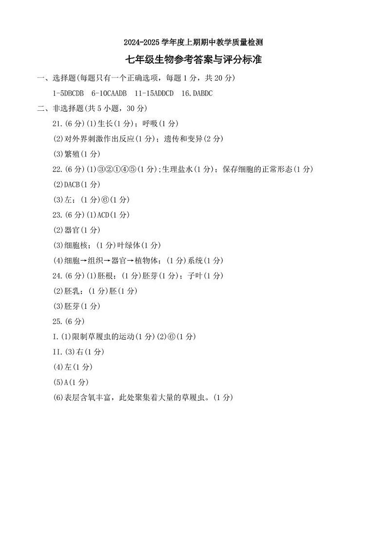 河南省信阳市固始县2024-2025学年七年级上学期11月期中考试生物试题01