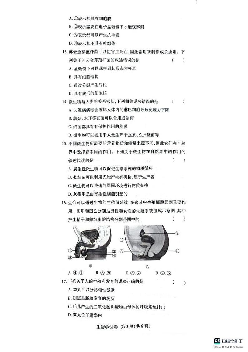 2024—2025学年八年级第一学期期中生物试卷第3页