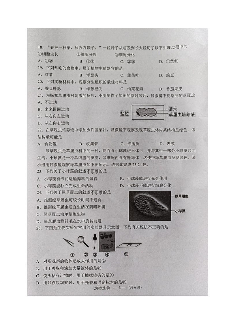 福建省福州市连江县2024-2025学年七年级上学期期中考试生物试题03