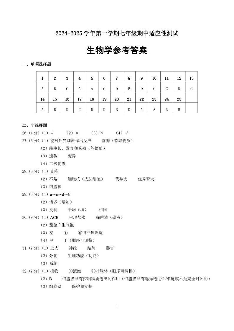 福建省福州市连江县2024-2025学年七年级上学期期中考试生物试题01