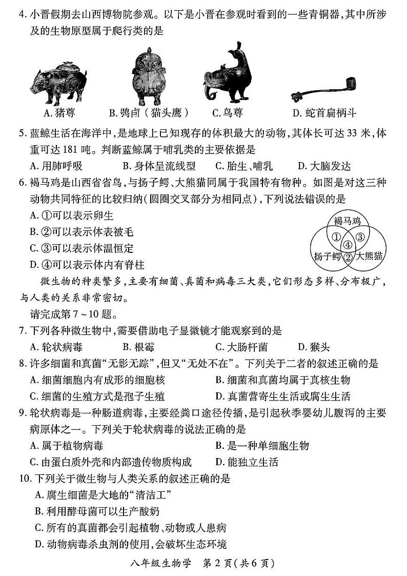 山西省运城市河津市多校2024-2025学年八年级上学期期中测试生物学试卷02