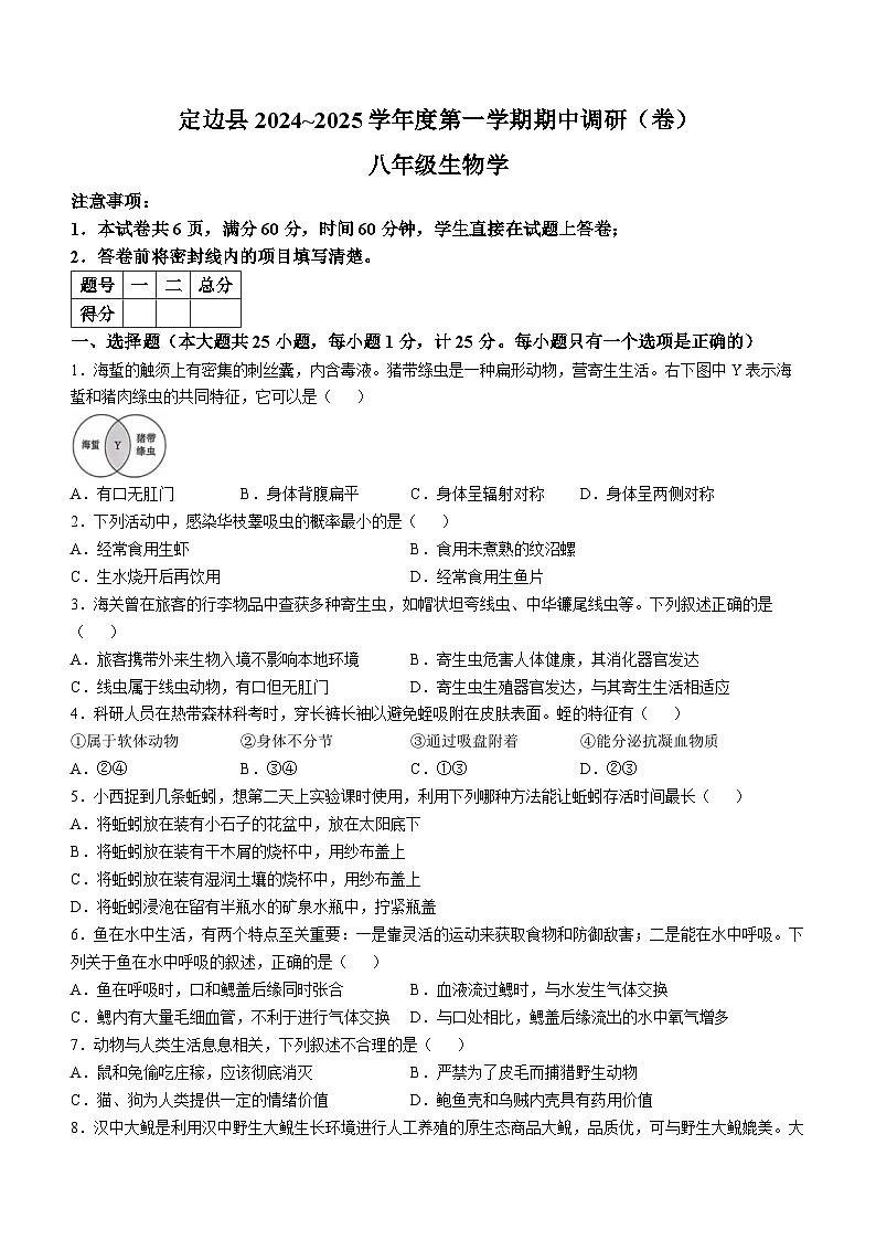 陕西省榆林市定边县2024-2025学年八年级上学期期中生物学试题第1页