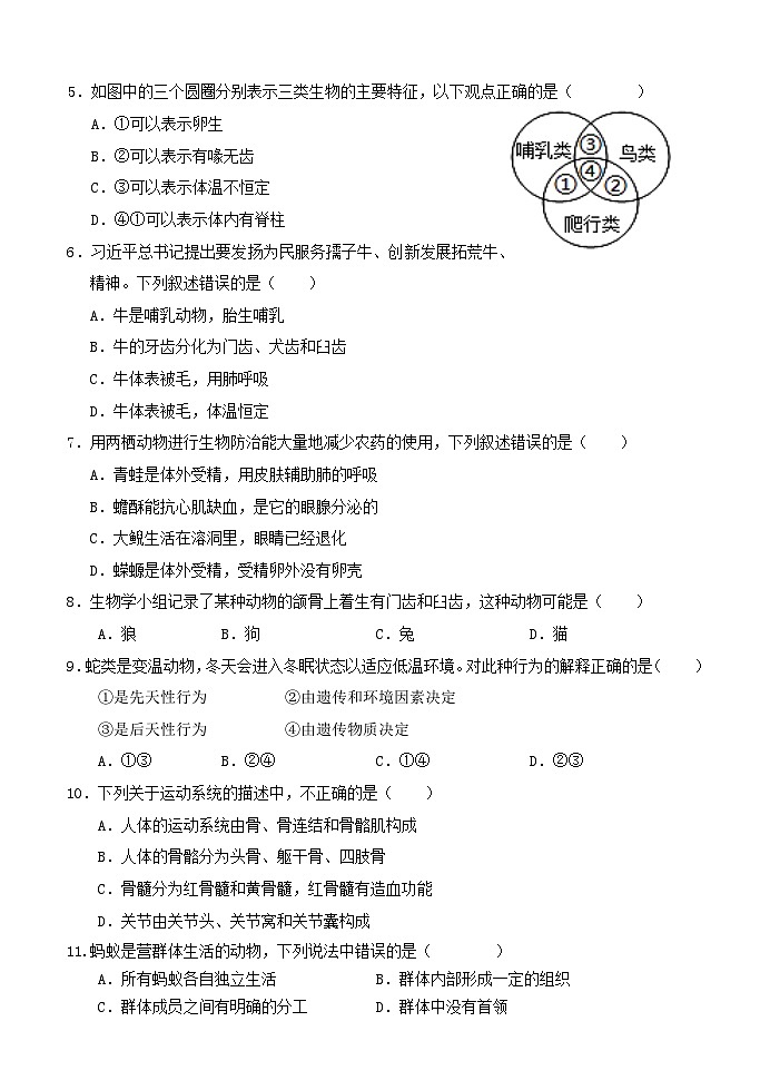 河南省南阳市淅川县2024-2025学年八年级上学期期中阶段调研生物试卷02