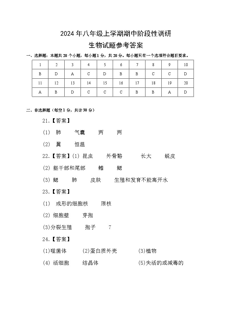 河南省南阳市淅川县2024-2025学年八年级上学期期中阶段调研生物试卷01