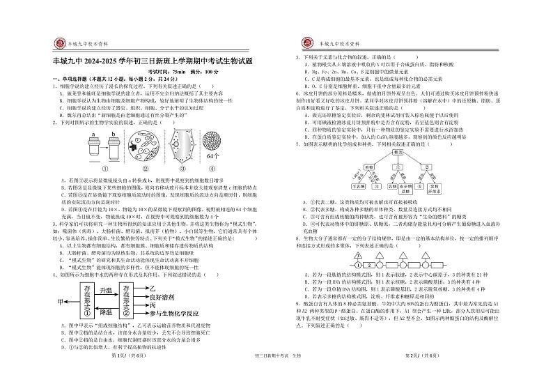 江西省宜春市丰城市第九中学2024-2025学年九年级上学期期中考试生物试题（日新班）第1页