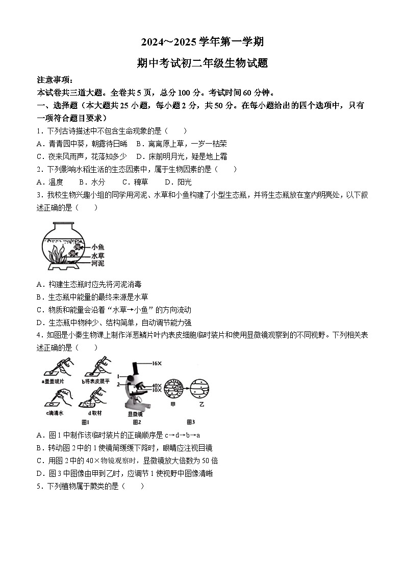 陕西省西安交大附属中学2024-2025学年八年级上学期期中生物试题第1页