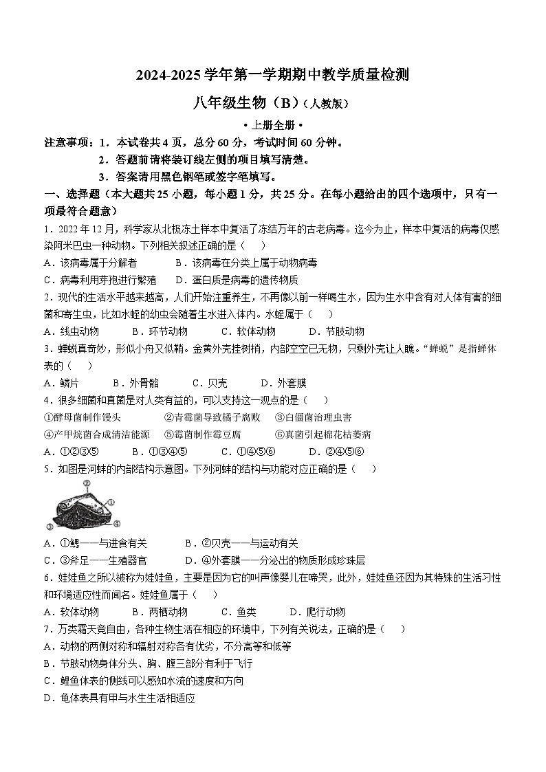 河北省沧州市孟村回族自治县2024-2025学年八年级上学期期中生物学试题第1页