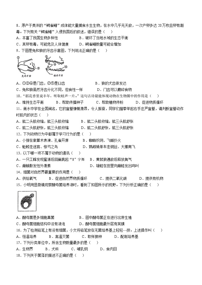 河北省沧州市孟村回族自治县2024-2025学年八年级上学期期中生物学试题第2页
