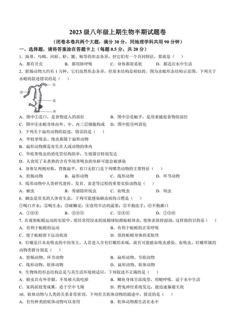重庆市潼南区初中学校联考2024～2025学年八年级(上)期中生物试卷(含答案)01