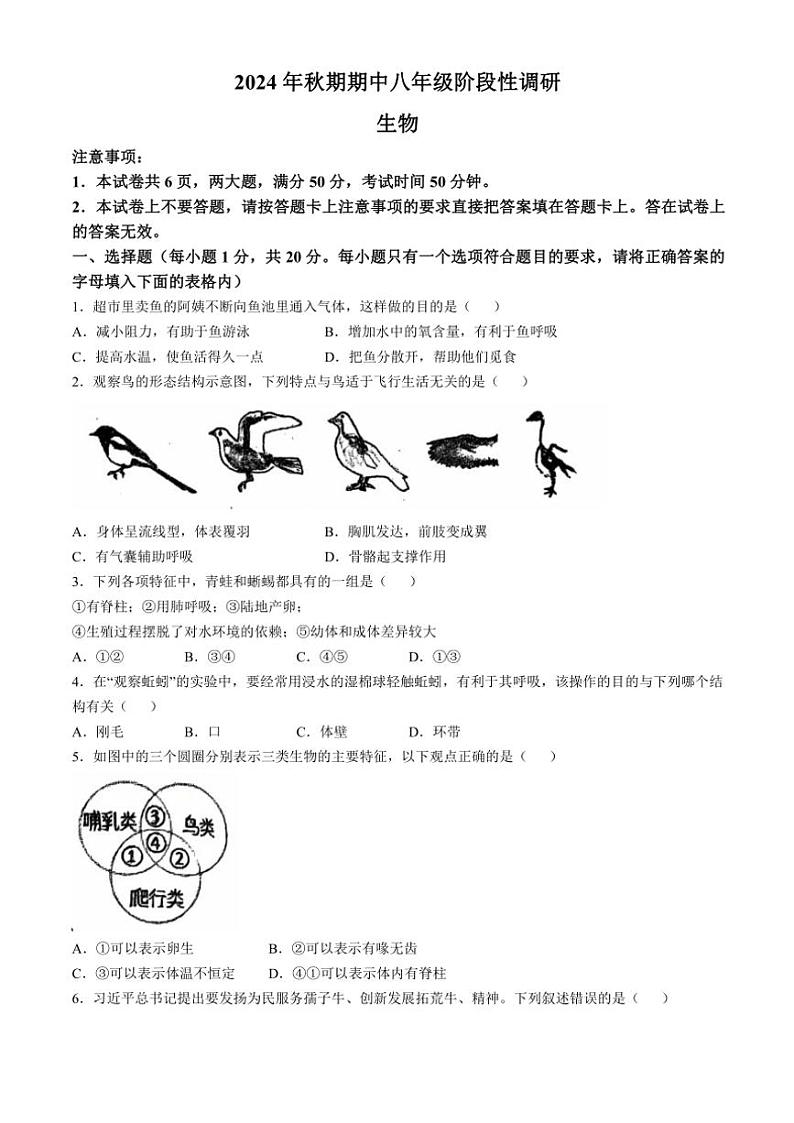 河南省南阳市淅川县2024～2025学年八年级(上)期中生物试卷(含答案)01