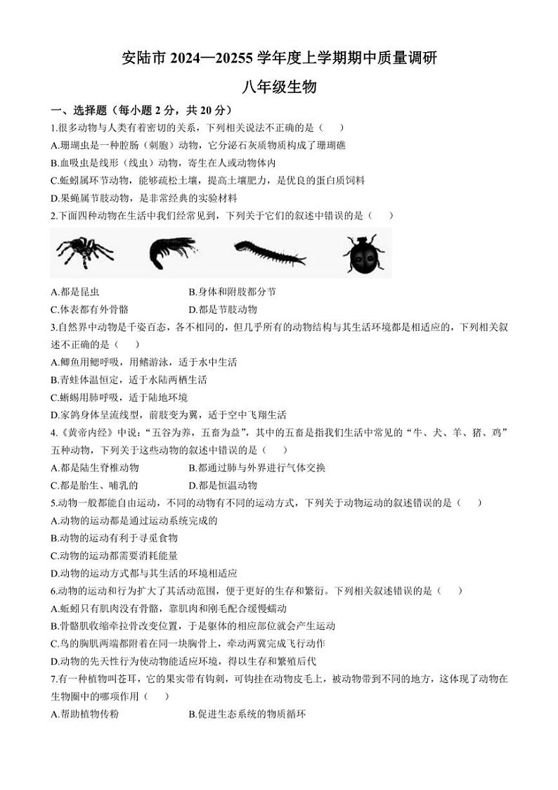 湖北省孝感市安陆市2024～2025学年八年级(上)期中生物试卷(含答案)01