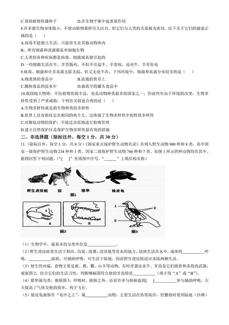 湖北省孝感市安陆市2024～2025学年八年级(上)期中生物试卷(含答案)02