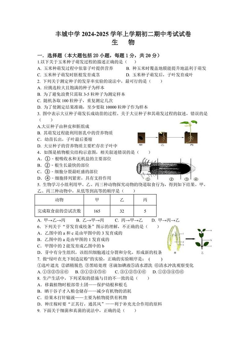 江西省丰城中学2024～2025学年八年级(上)期中生物试卷(含答案)第1页