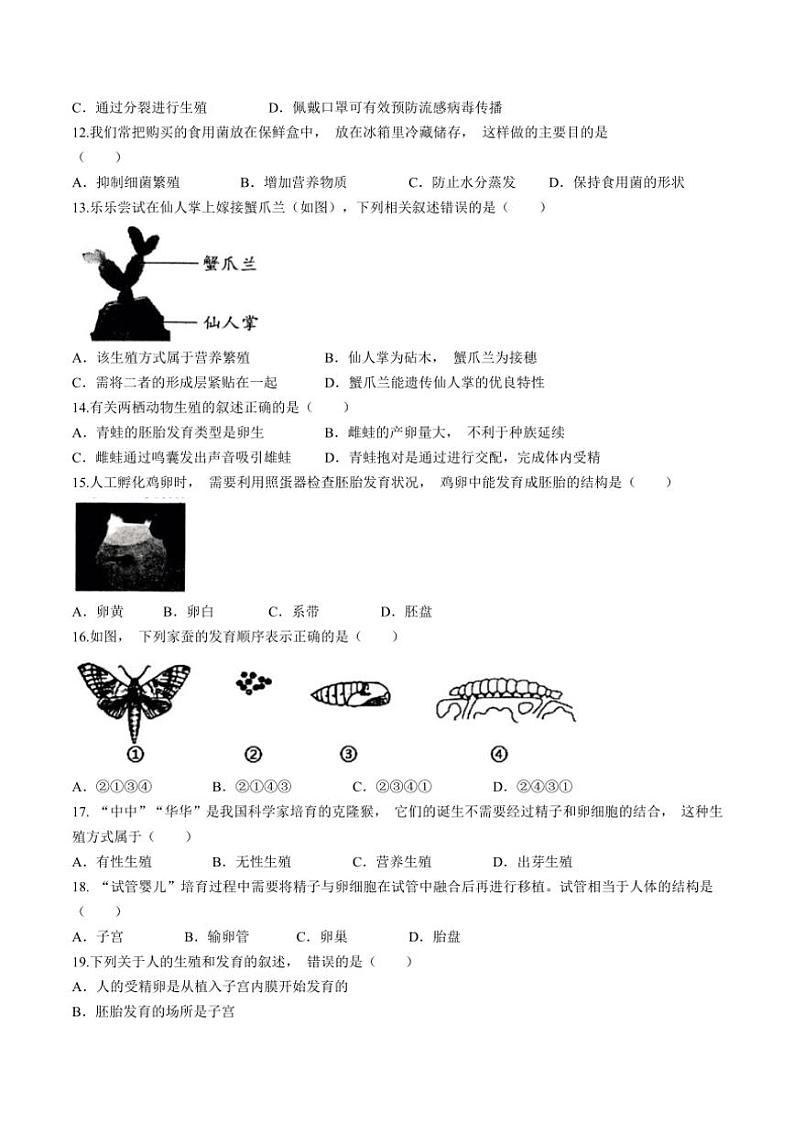 河南省驻马店市确山县2024～2025学年八年级(上)期中生物试卷(含答案)第2页