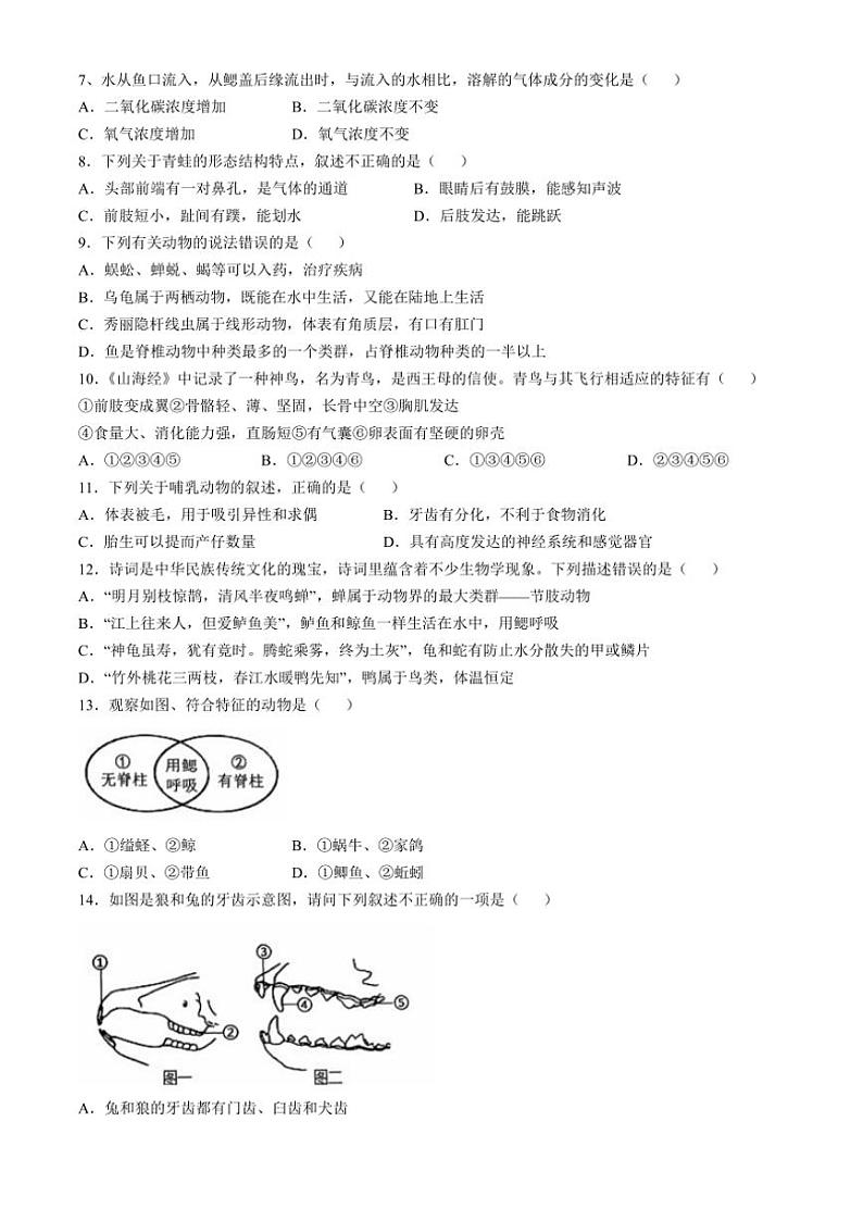 河南省周口市商水县2024～2025学年八年级(上)期中生物试卷(含答案)第2页