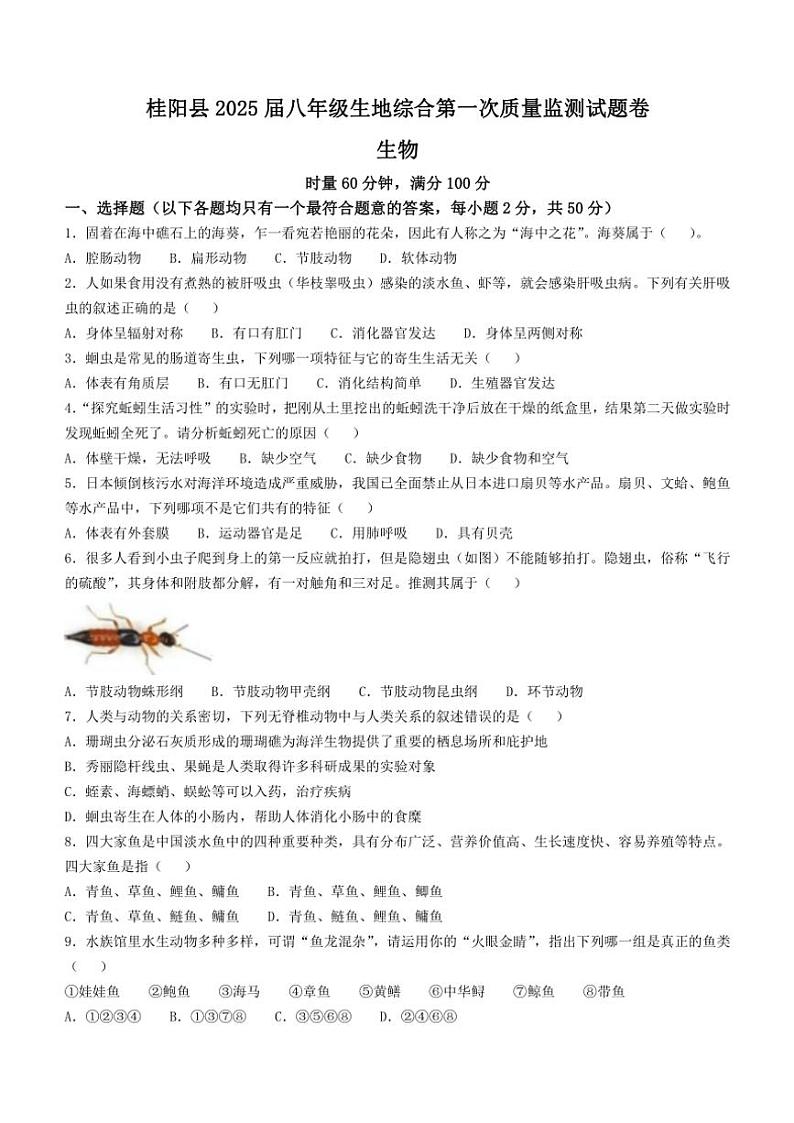 湖南省郴州市桂阳县2024～2025学年八年级(上)期中生物试卷(含答案)第1页