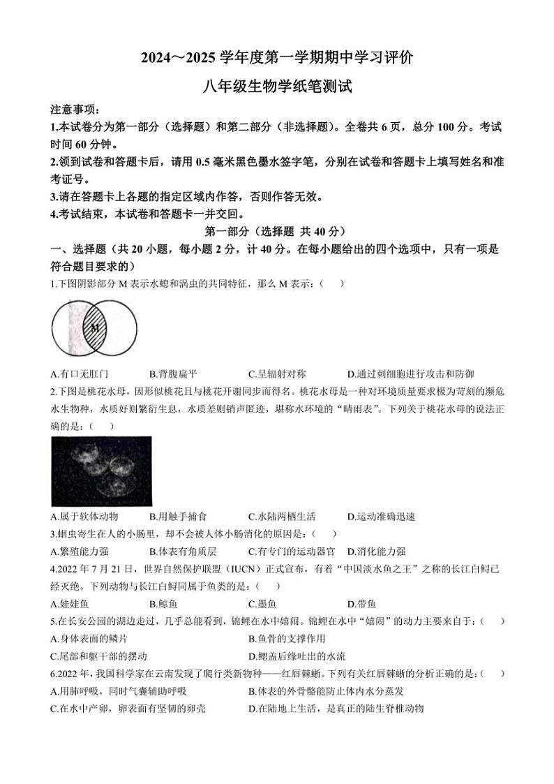 陕西省西安市长安区2024～2025学年八年级(上)期中生物试卷(含答案)第1页