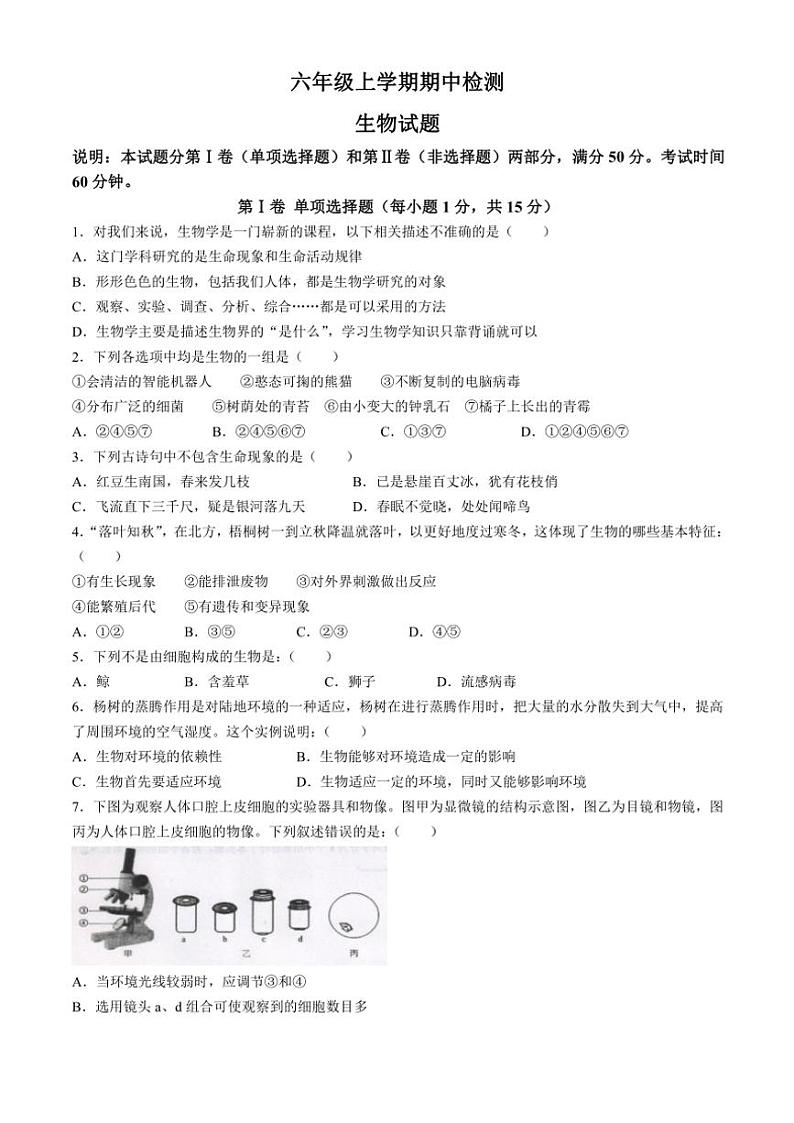 山东省泰安市新泰市2024～2025学年八年级(上)期中生物试卷(含答案)第1页