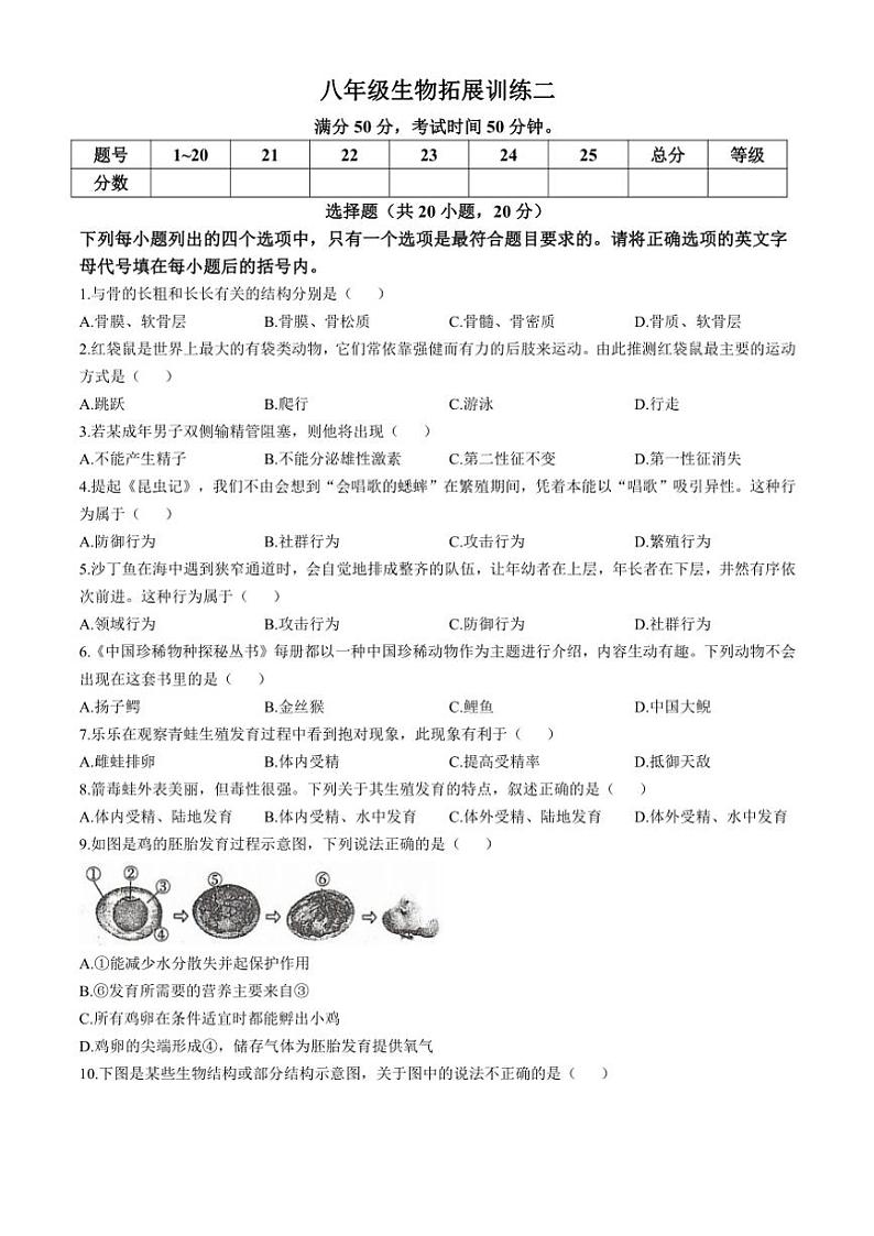 河南省安阳市滑县2024～2025学年八年级(上)期中生物试卷(含答案)01