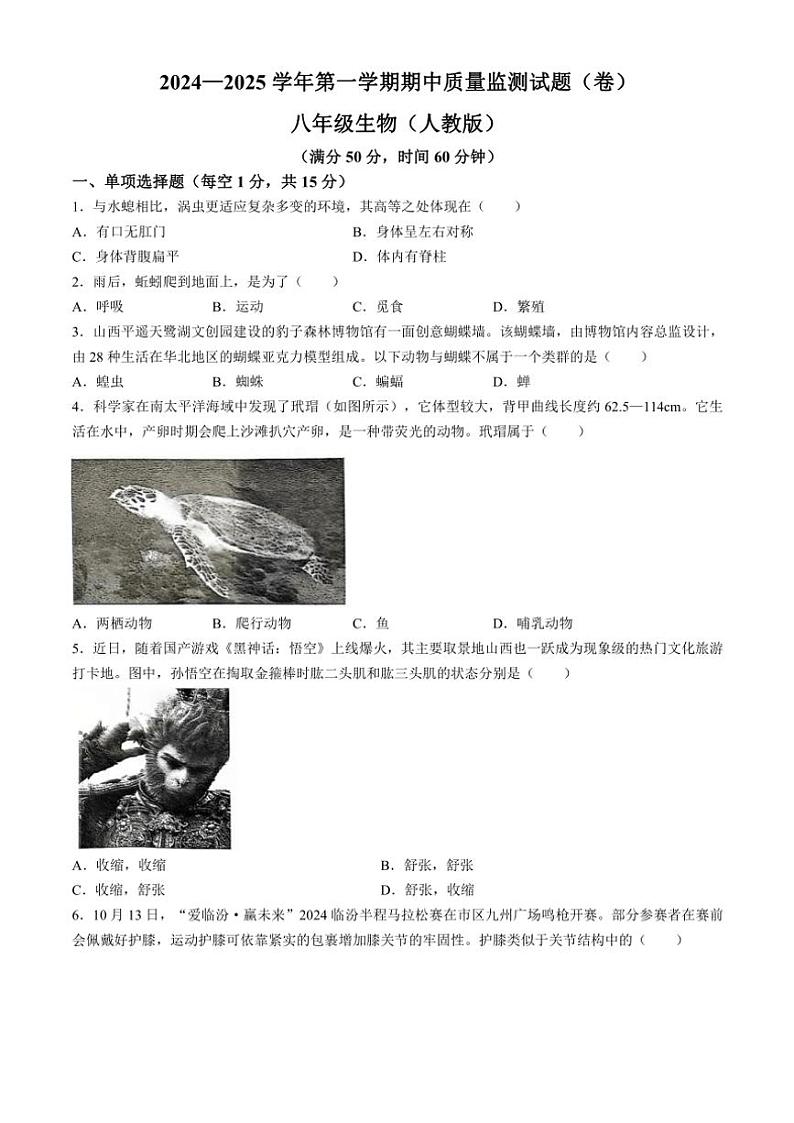 山西省临汾市2024～2025学年八年级(上)期中生物试卷(含答案)第1页