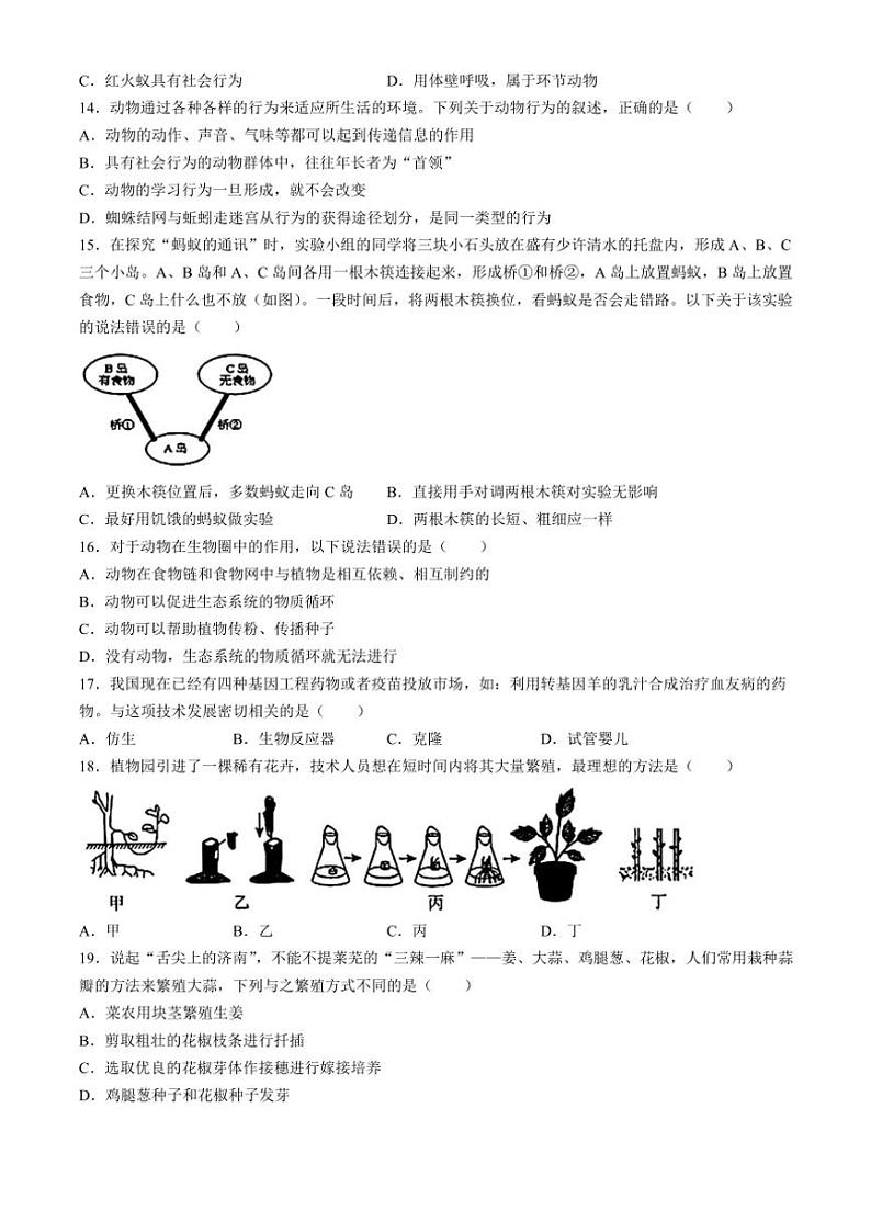 山东省济南市莱芜区2024～2025学年八年级(上)期中生物试卷(含答案)第3页