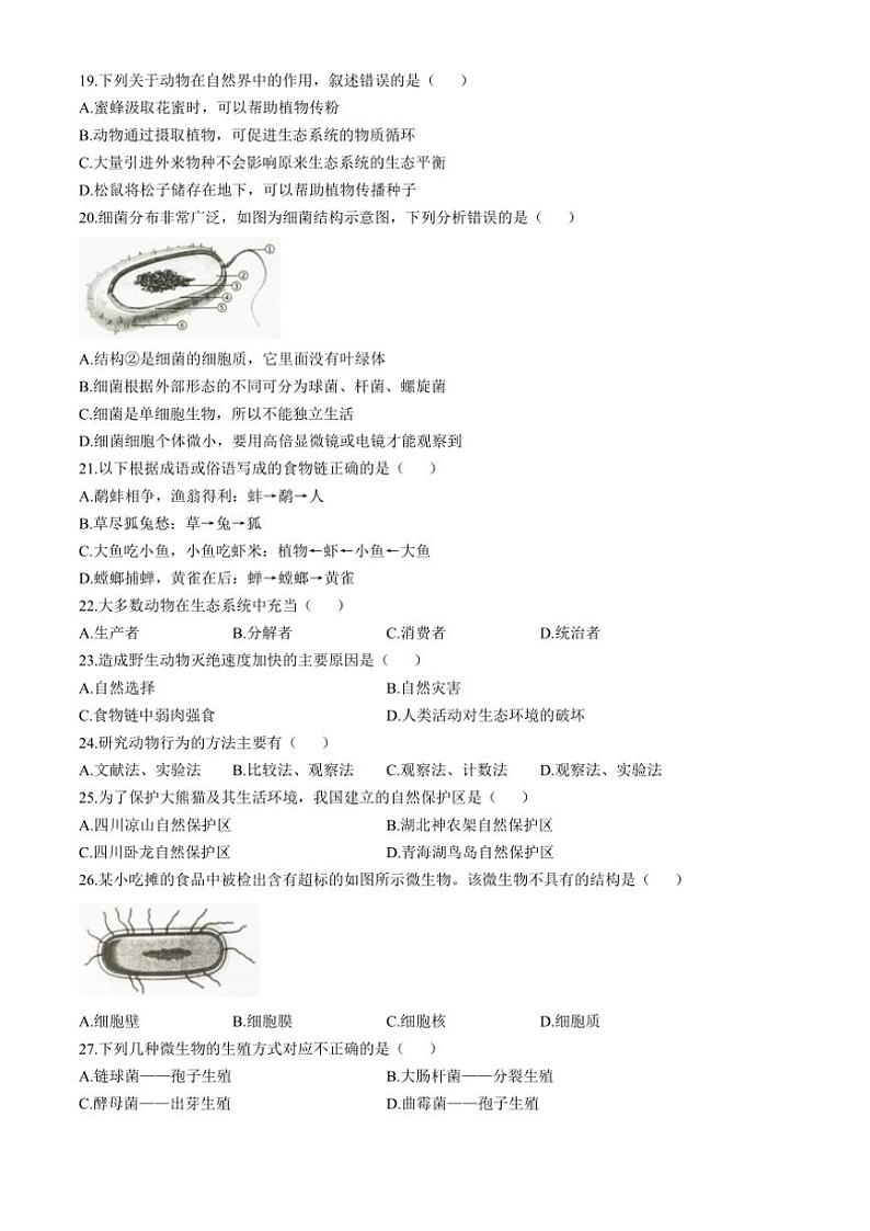广东省湛江市徐闻县2024～2025学年八年级(上)期中生物试卷(含答案)03