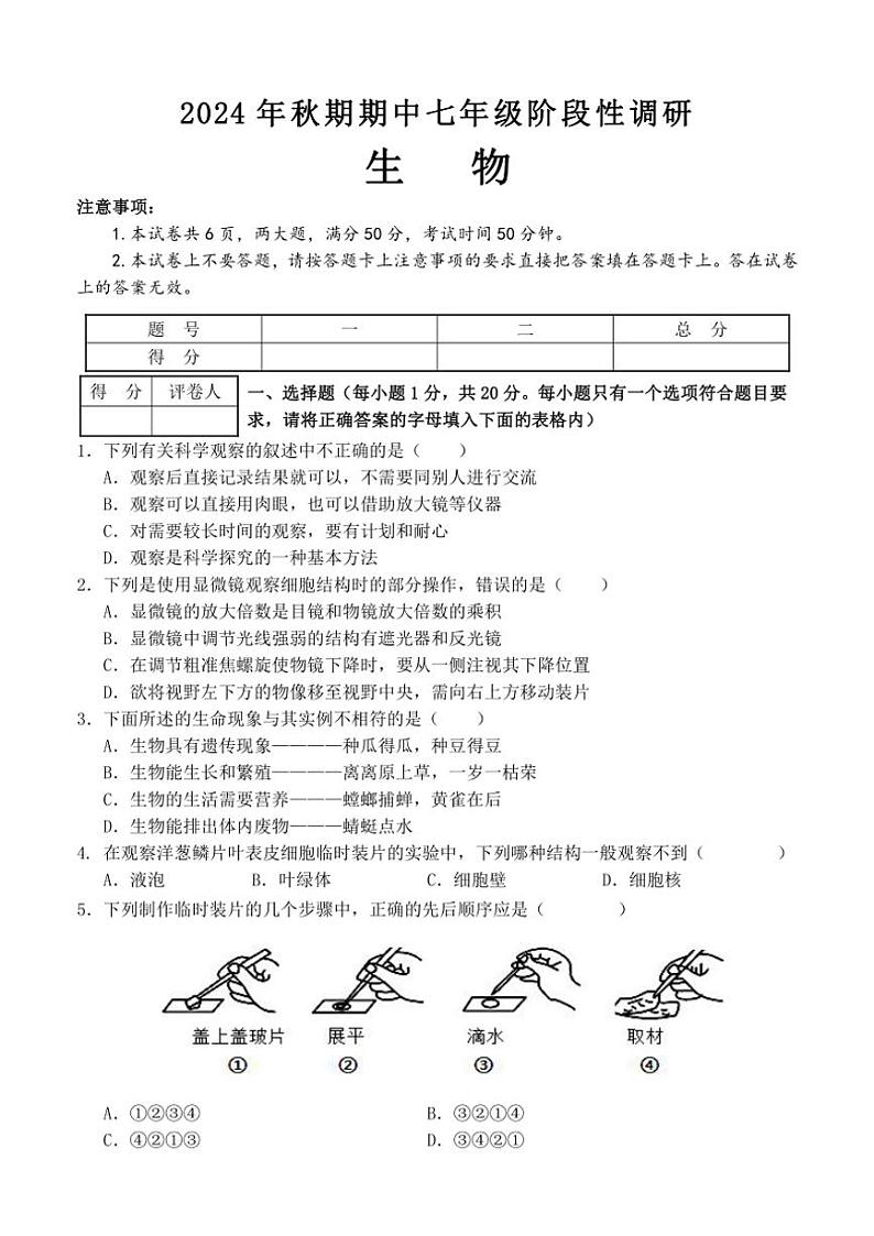 河南省南阳市淅川县2024～2025学年七年级(上)期中阶段调研生物试卷(含答案)01