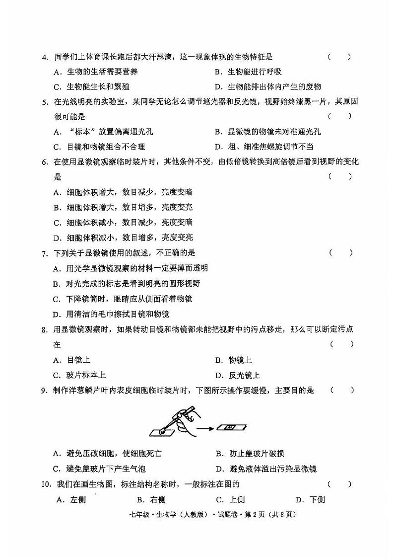 云南省昭通市绥江县2024-2025学年七年级上学期11月期中生物试题02