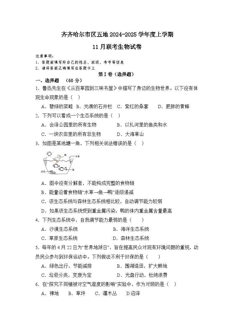 齐齐哈尔市区2024-2025学年度上学期11月联考生物试卷第1页