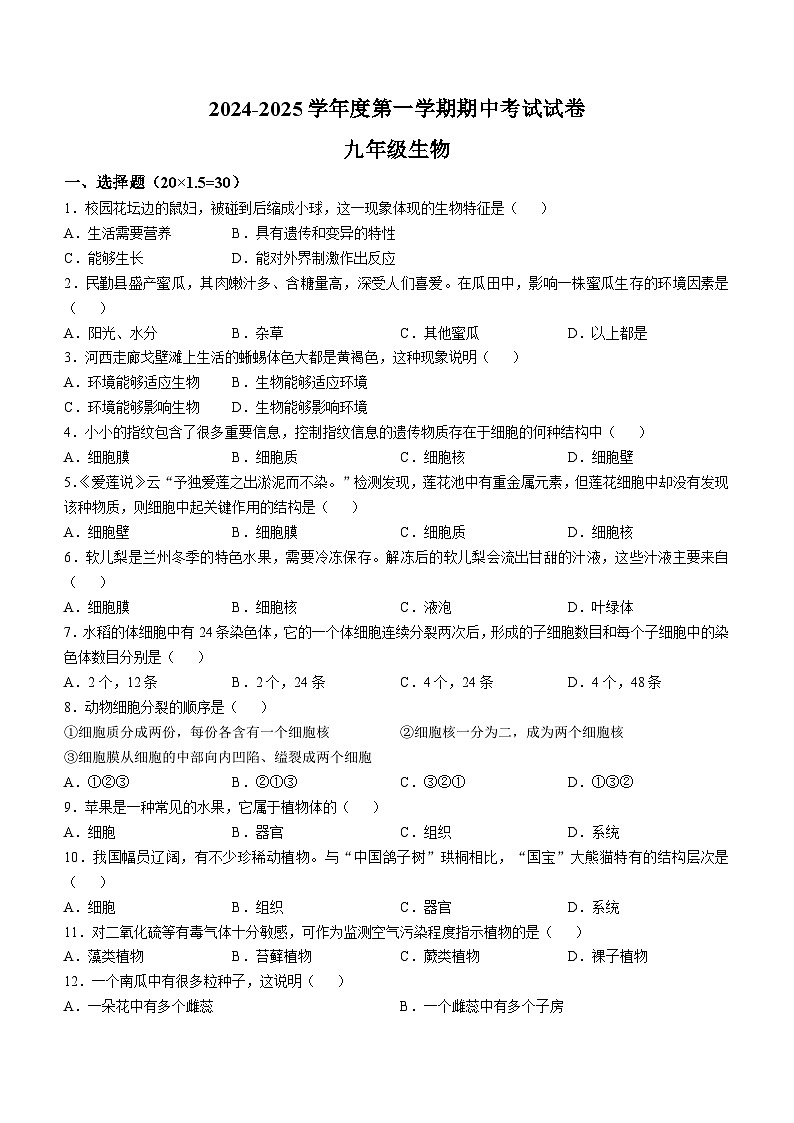 甘肃省武威市凉州片区2024-2025学年九年级上学期期中生物试题第1页