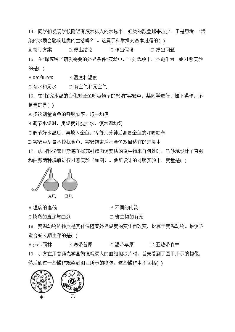江苏省宿迁市沭阳县怀文中学2024-2025学年八年级10月月考生物学试卷(含答案)第3页
