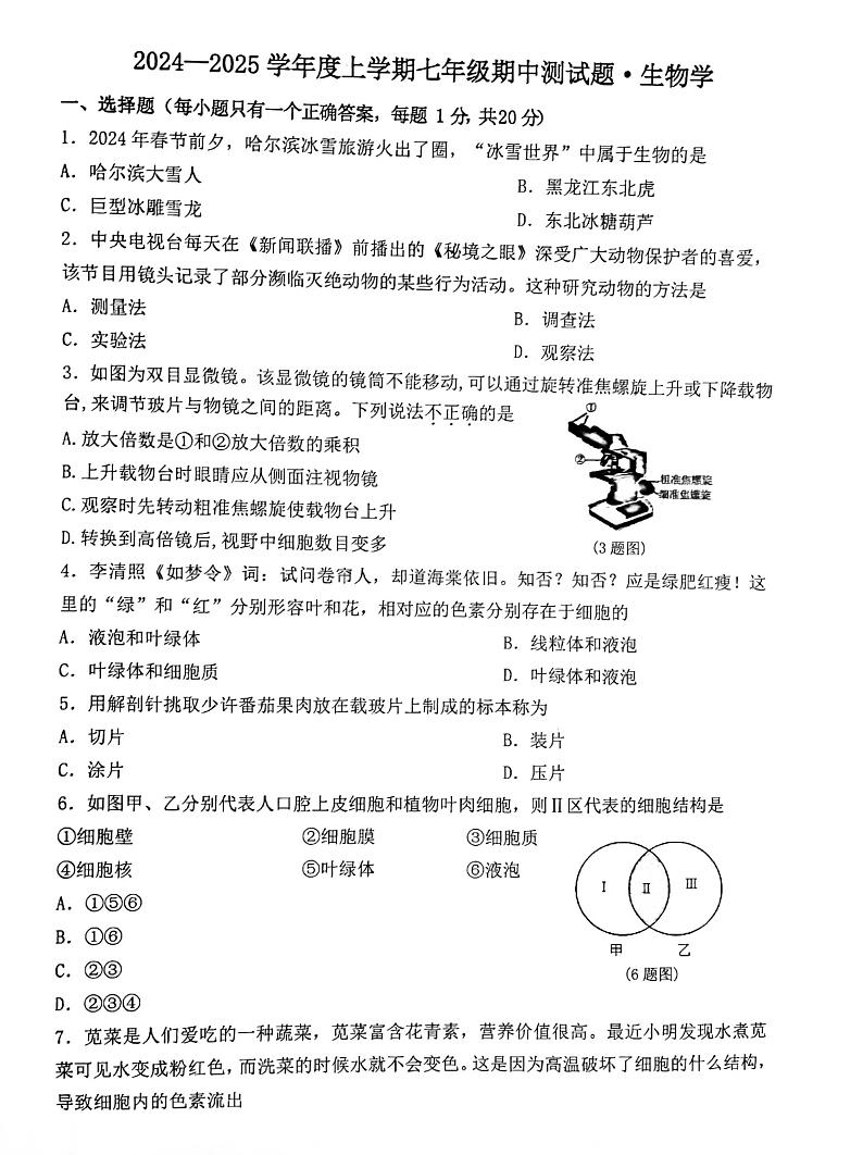 吉林省长春市榆树市慧望初级中学2024-2025学年七年级上学期10月期中生物试题第1页
