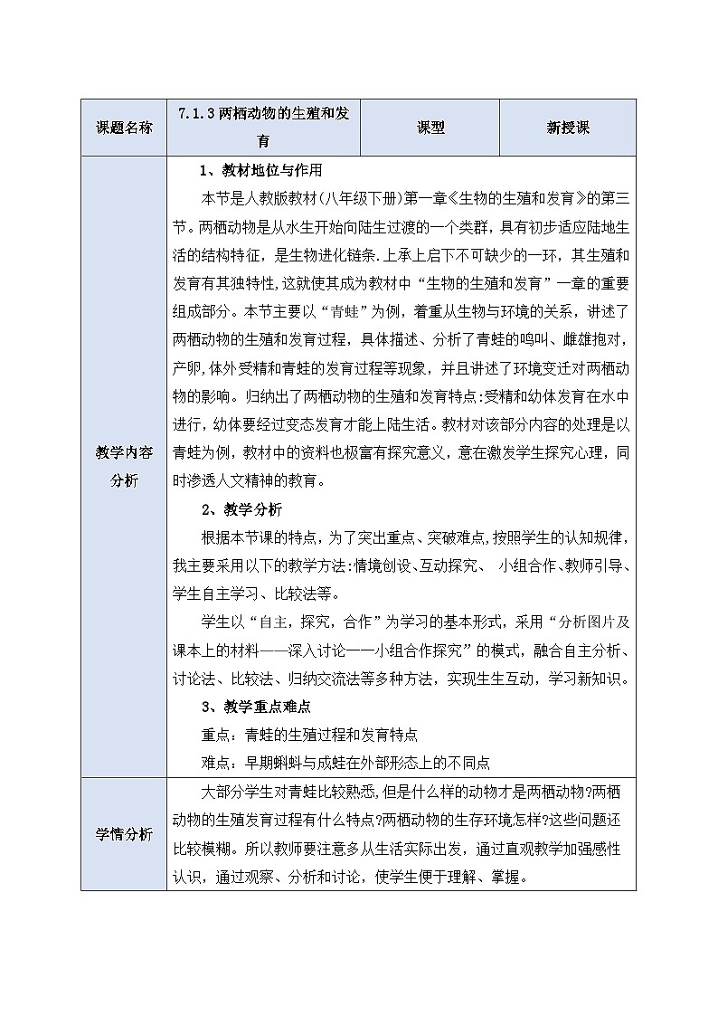 人教版生物八下7.1.3 《两栖动物的生殖和发育》  课件 +教案01