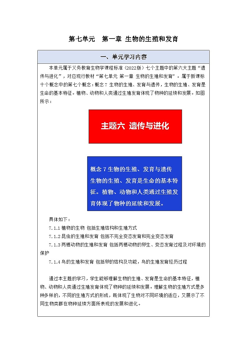 【大单元教学】生物人教版八下第七单元第一章 生物的生殖和发育 大单元教学设计第1页